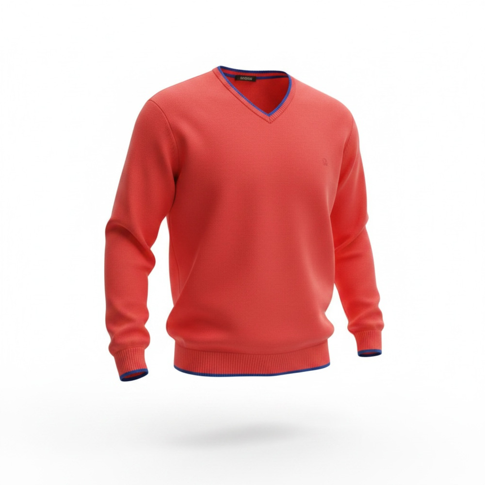 Stile Benetton Men's Red V-Neck Cotton-Blend Long Sl Sweater Blue Trim EL (2XL)
